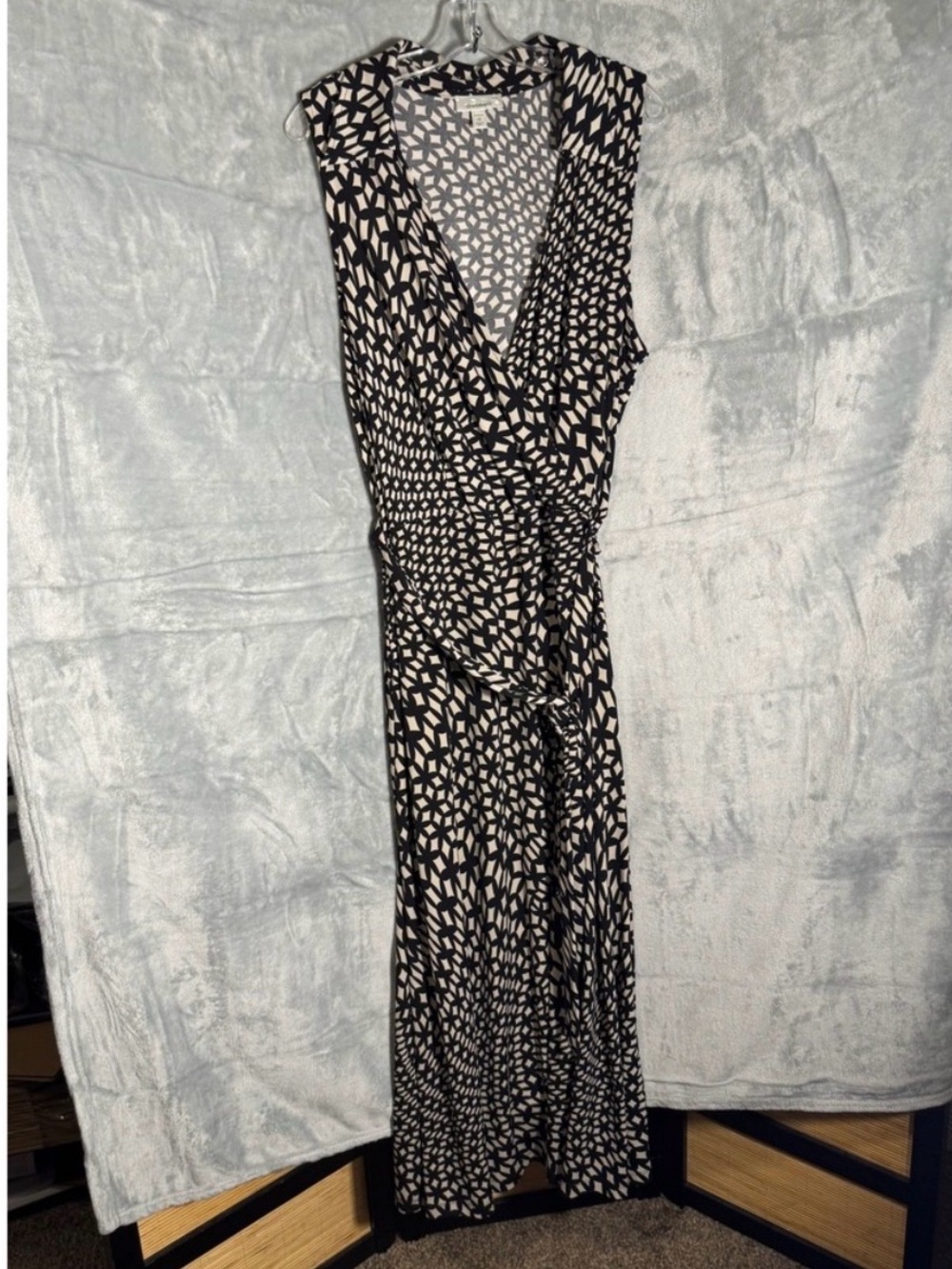 dressbarn Black and Cream Geometric Wrap Maxi Dress